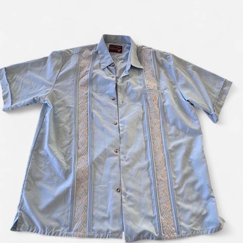 Shirt Mens Guayabera 42 Blue Embroidered Guayabera Short Sleeve Button-Up